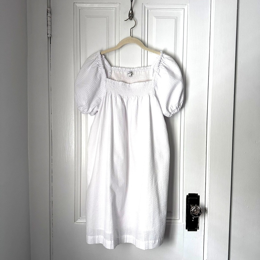 Madewell Smocked Puff Sleeve Mini Dress White Seersucker Cotton XS
